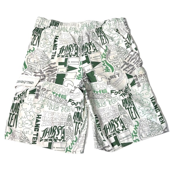 Hang Ten Board Shorts‎ Green White Graffiti Cargo Pocket Lined Sz Med - Picture 3 of 8